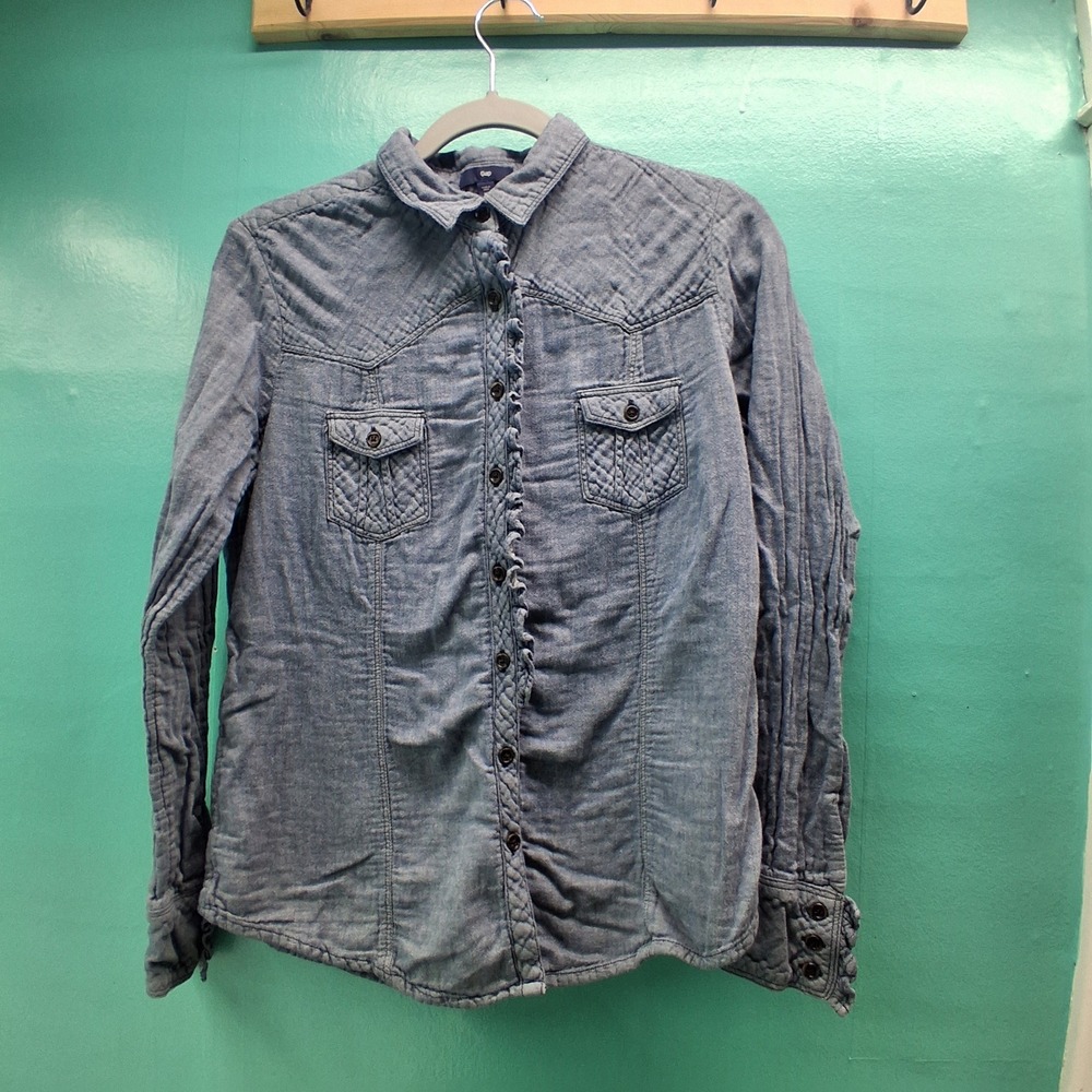 Gap Button Down Shirt XL Blue Chambray Ruffle Western Boho Z746